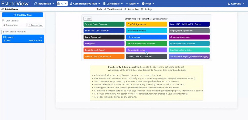 Choosing the document type for an EstateView AI review: trusts, wills, partnership agreements, employment agreements, tax returns and more, each reviewed under the state selected for the client.